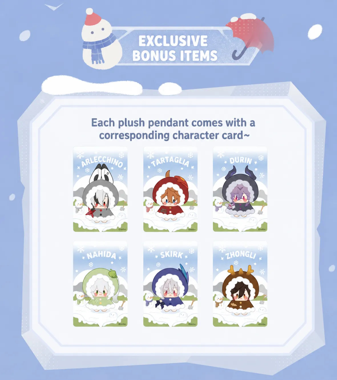 Genshin Impact Snowy Joy plush pendants with matching Arlecchino, Tartaglia, Durin, Nahida, Skirk and Zhongli character cards