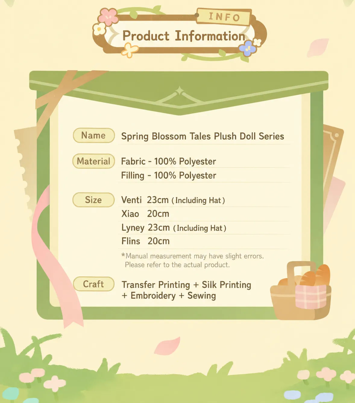 Genshin Impact Spring Blossom Tales Venti, Xiao, Lyney and Flins plush dolls displayed together