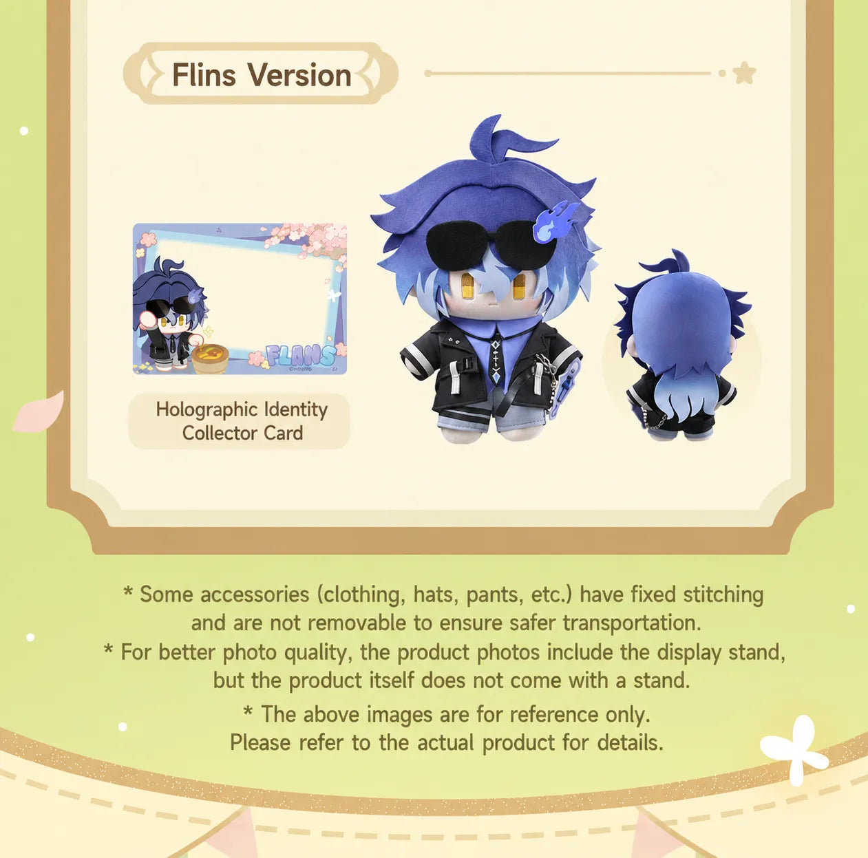 Genshin Impact Spring Blossom Tales Xiao plush doll front and back details with collector card