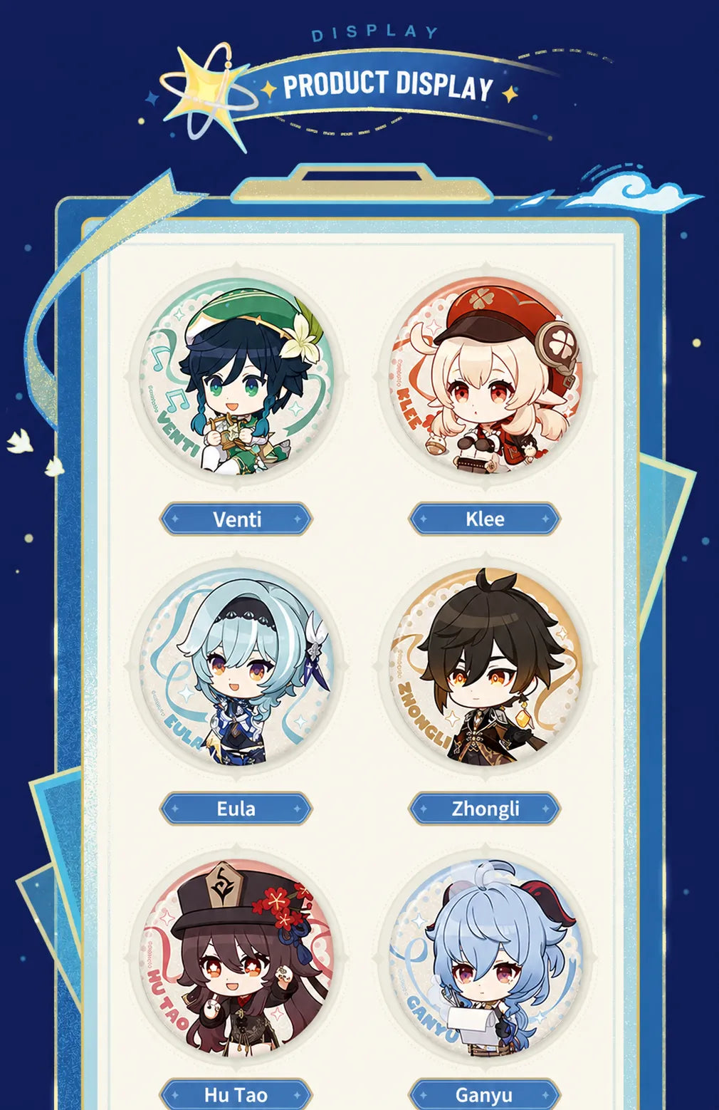 Genshin Stellar Recollection series character badges featuring Raiden Shogun Sangonomiya Kokomi and Yae Miko