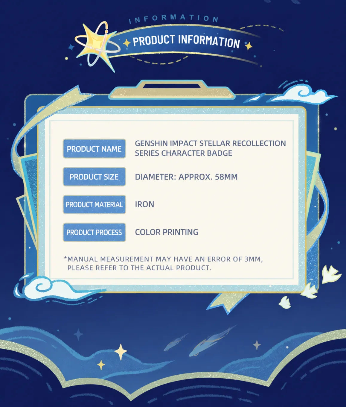Genshin Impact Stellar Recollection series character badge product information board with size and material details