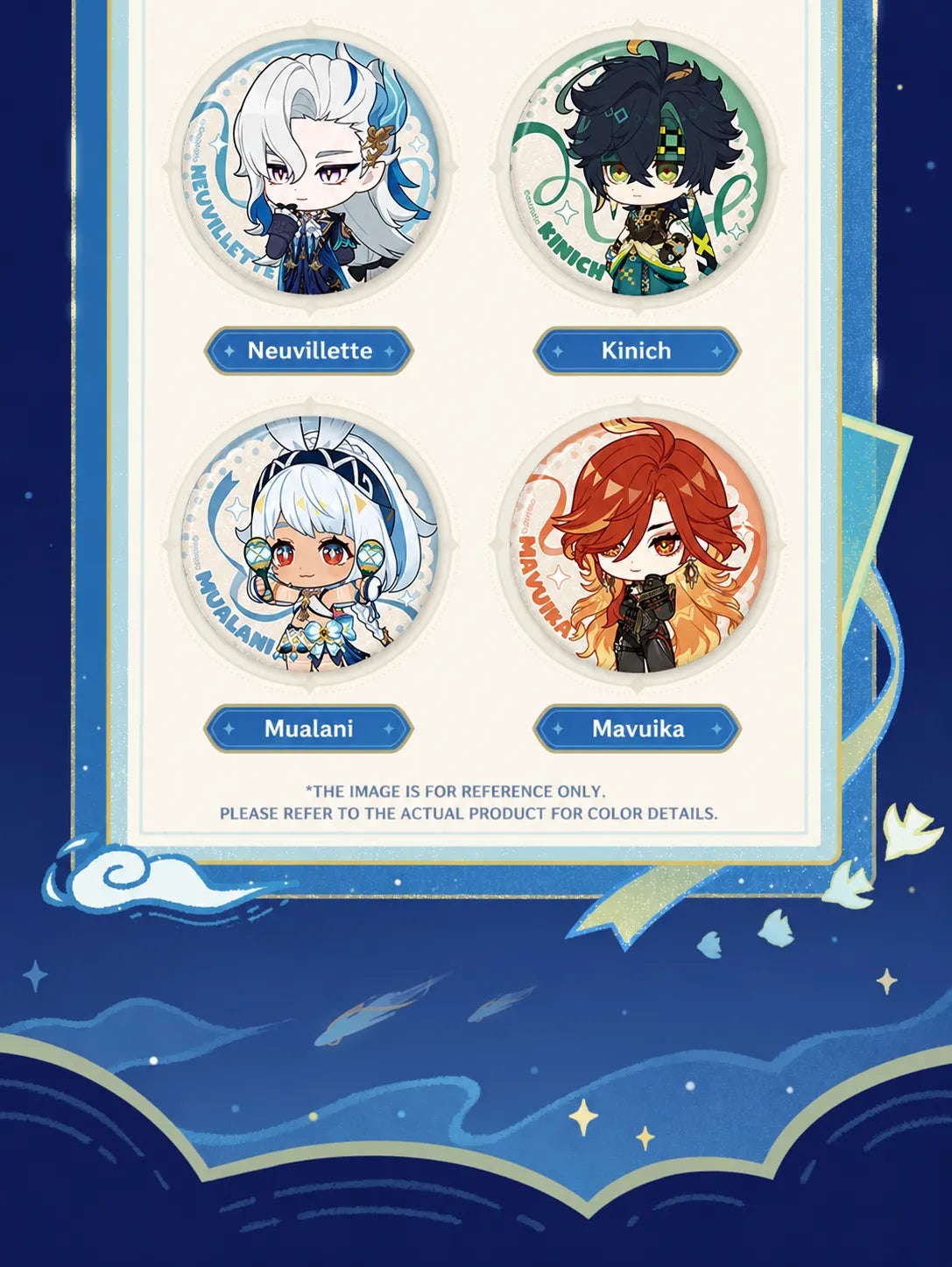 Genshin Stellar Recollection series character badges featuring Nahida Nilou and Alhaitham with chibi artwork
