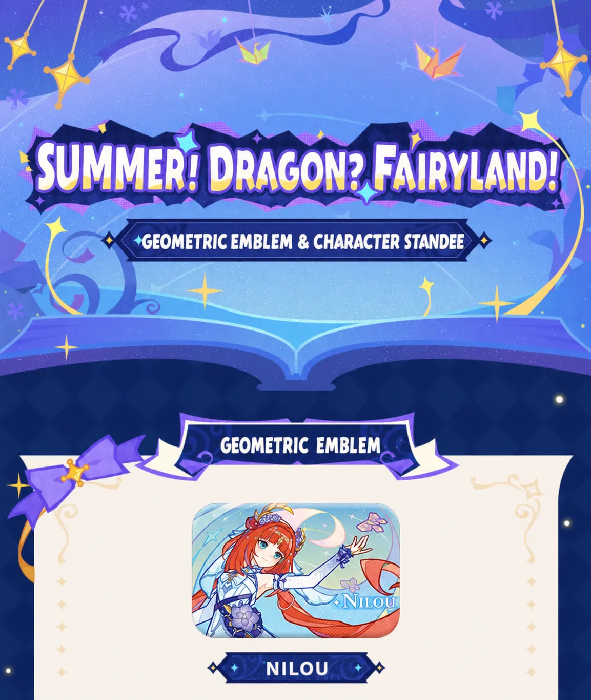 Close-up details of Genshin Impact Summer Dragon Fairyland geometric badges with vibrant printed artwork