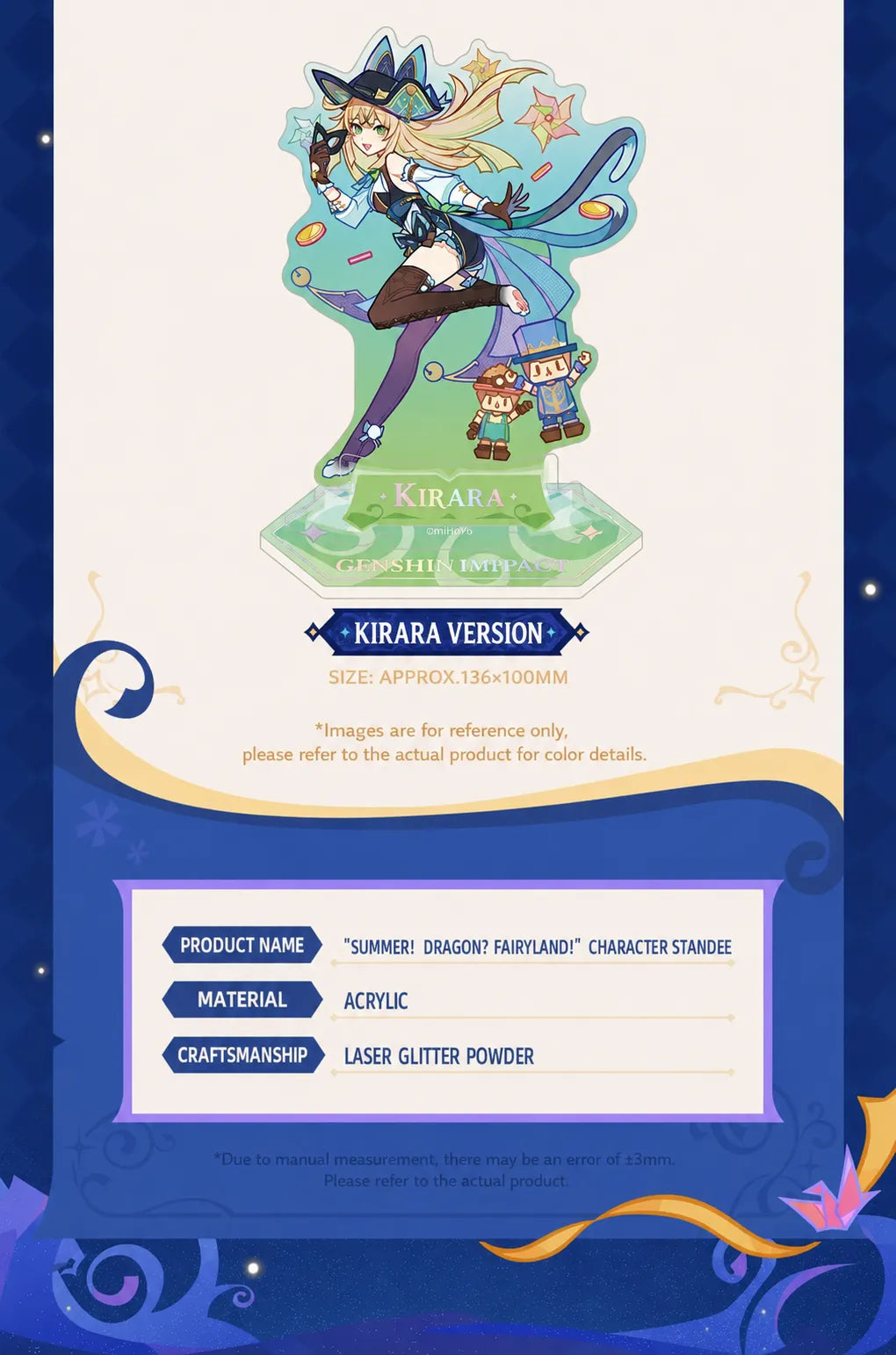 Overview of Genshin Impact Summer Dragon Fairyland series badges and acrylic standees for collection display