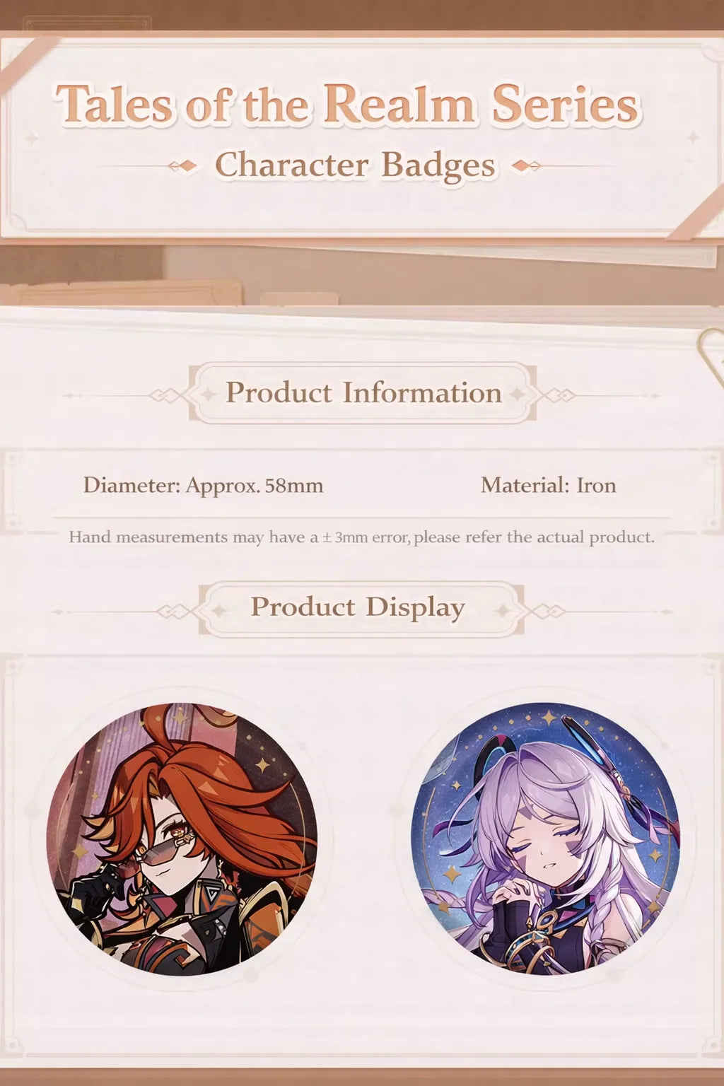 Genshin Impact Tales Series badge product information size and material