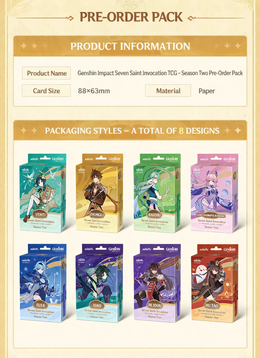 Genshin Impact TCG pre-order pack packaging styles showing 8 character themed box designs