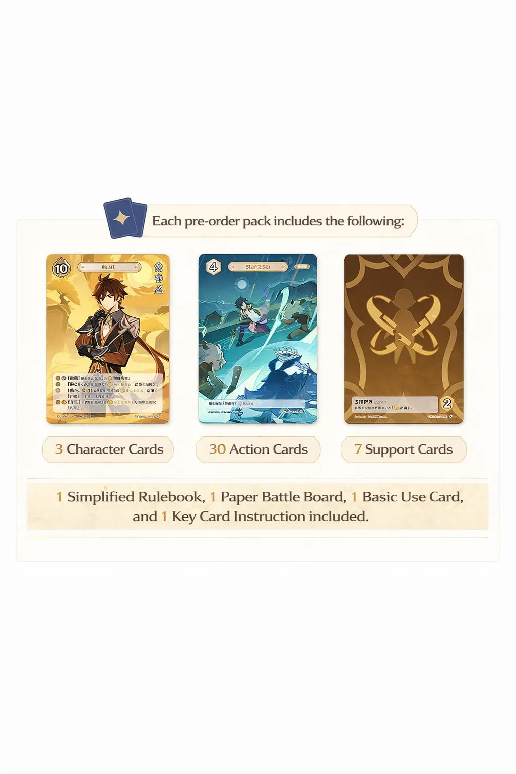 Genshin Impact TCG pre-order pack includes rulebook paper battle board elemental guide and instruction card