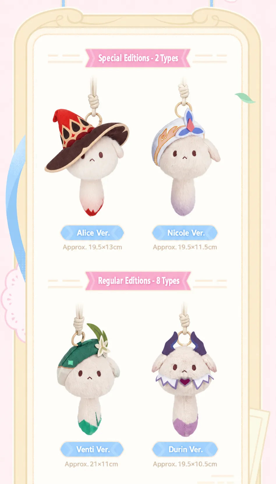 Klee, Varka, Dvalin and Paimon Tea Party plush charm designs