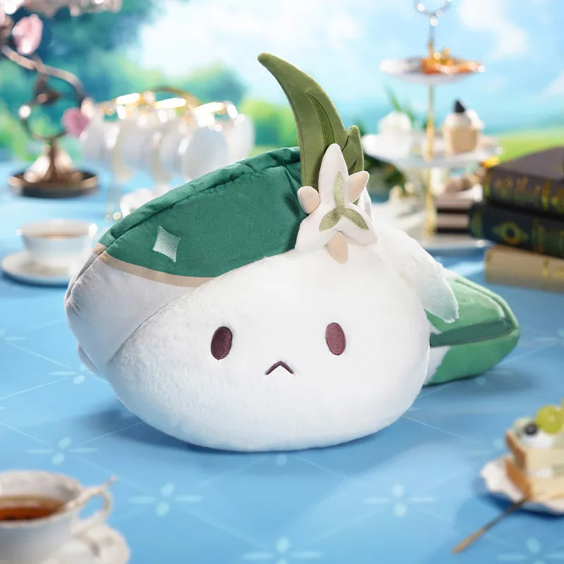Tea Party Alice, Nicole and Venti plush pillows in a pastel tea party setting