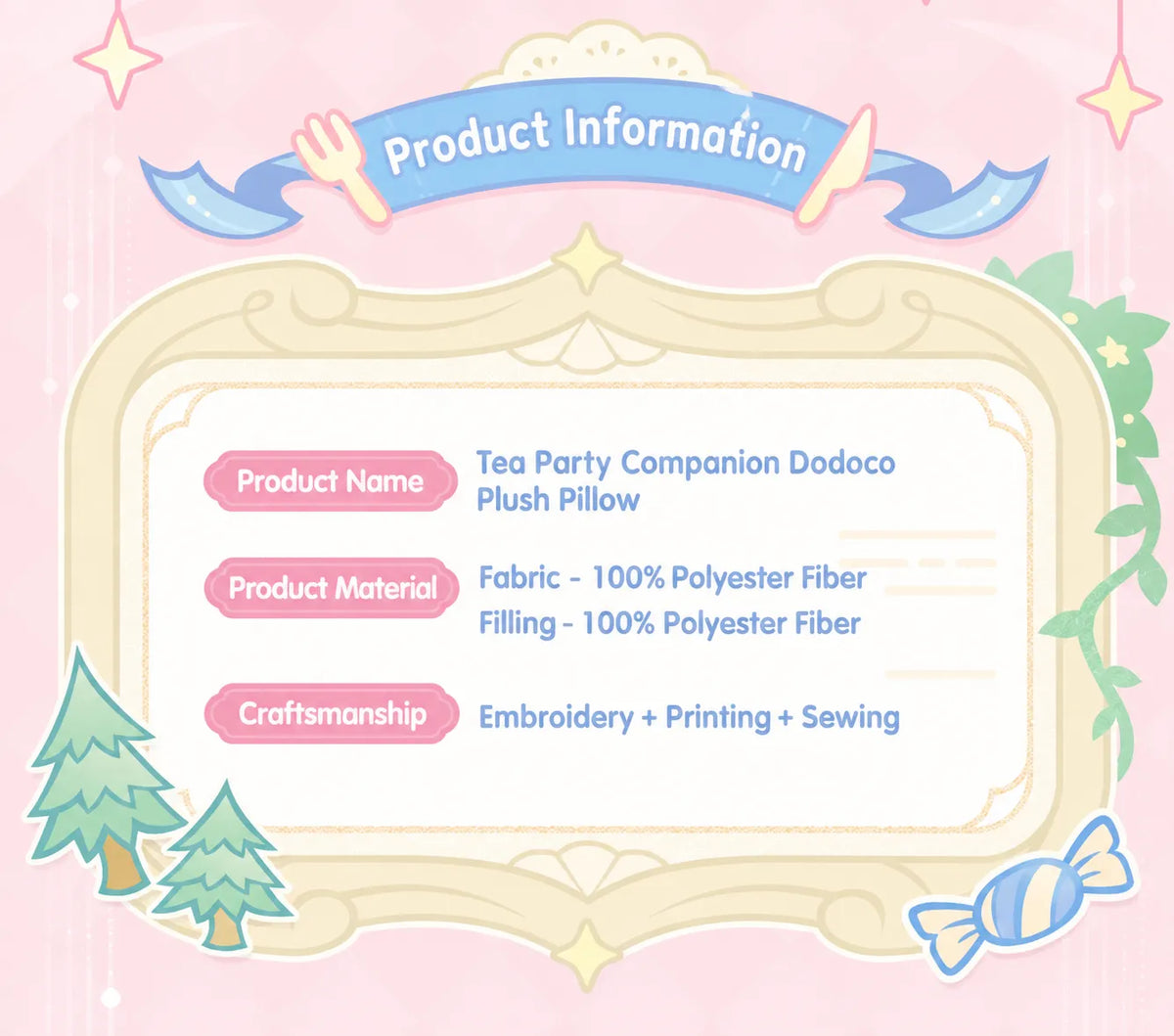 Alice, Nicole and Venti Tea Party plush pillow size and design details