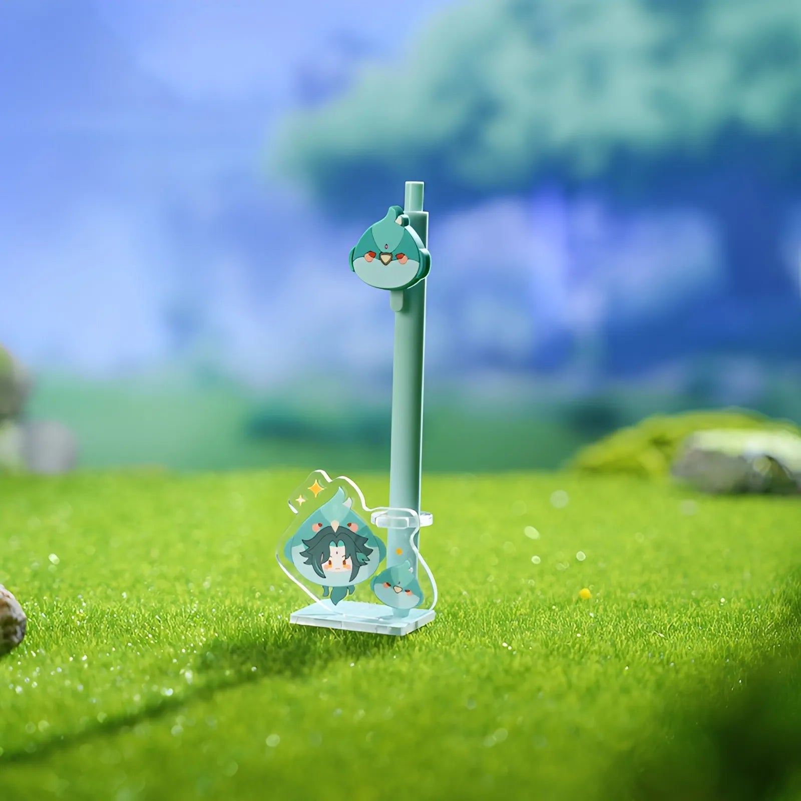 Genshin Impact Teyvat Zoo acrylic pen stand flat lay arrangement