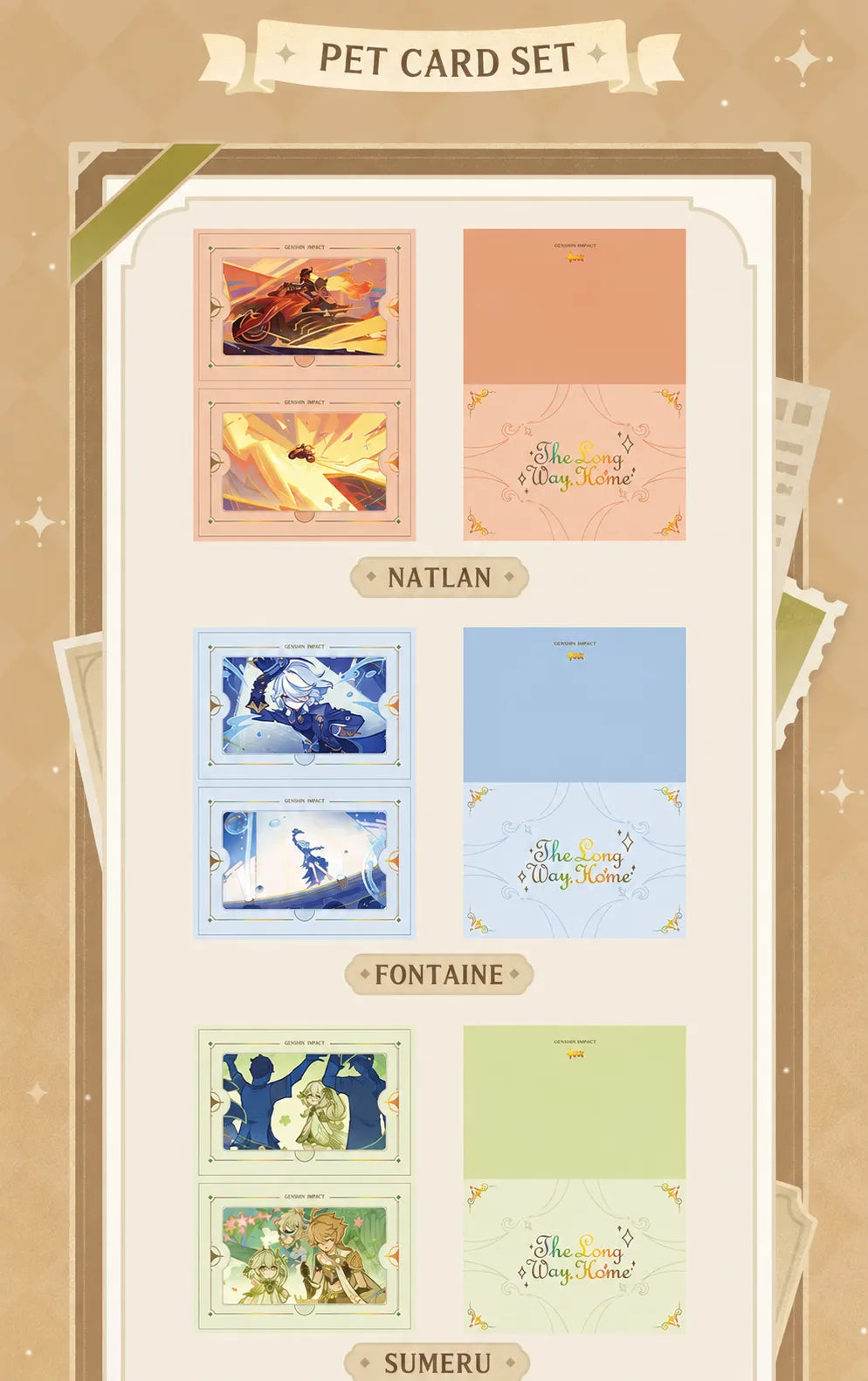 Genshin Impact The Long Way Home Series collectible card sets featuring Teyvat regions
