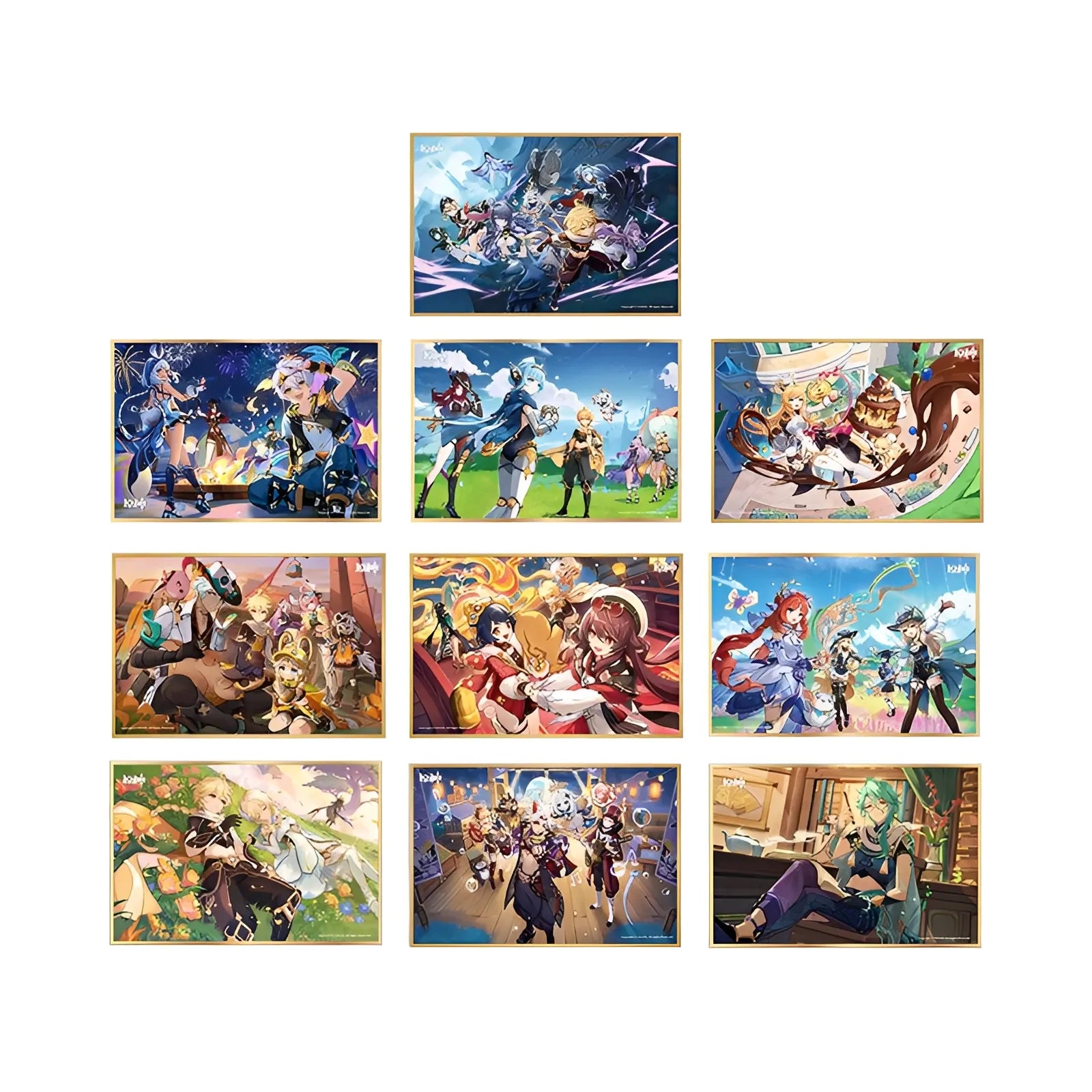 Genshin Impact theme series art card collection featuring multiple official illustration scenes