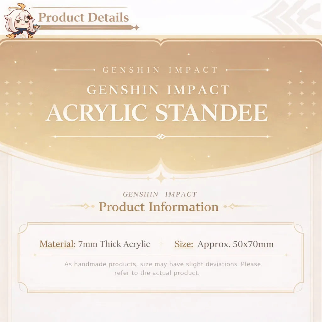 Genshin Impact thick acrylic keychain product details showing 7mm acrylic material and approx 50x70mm size