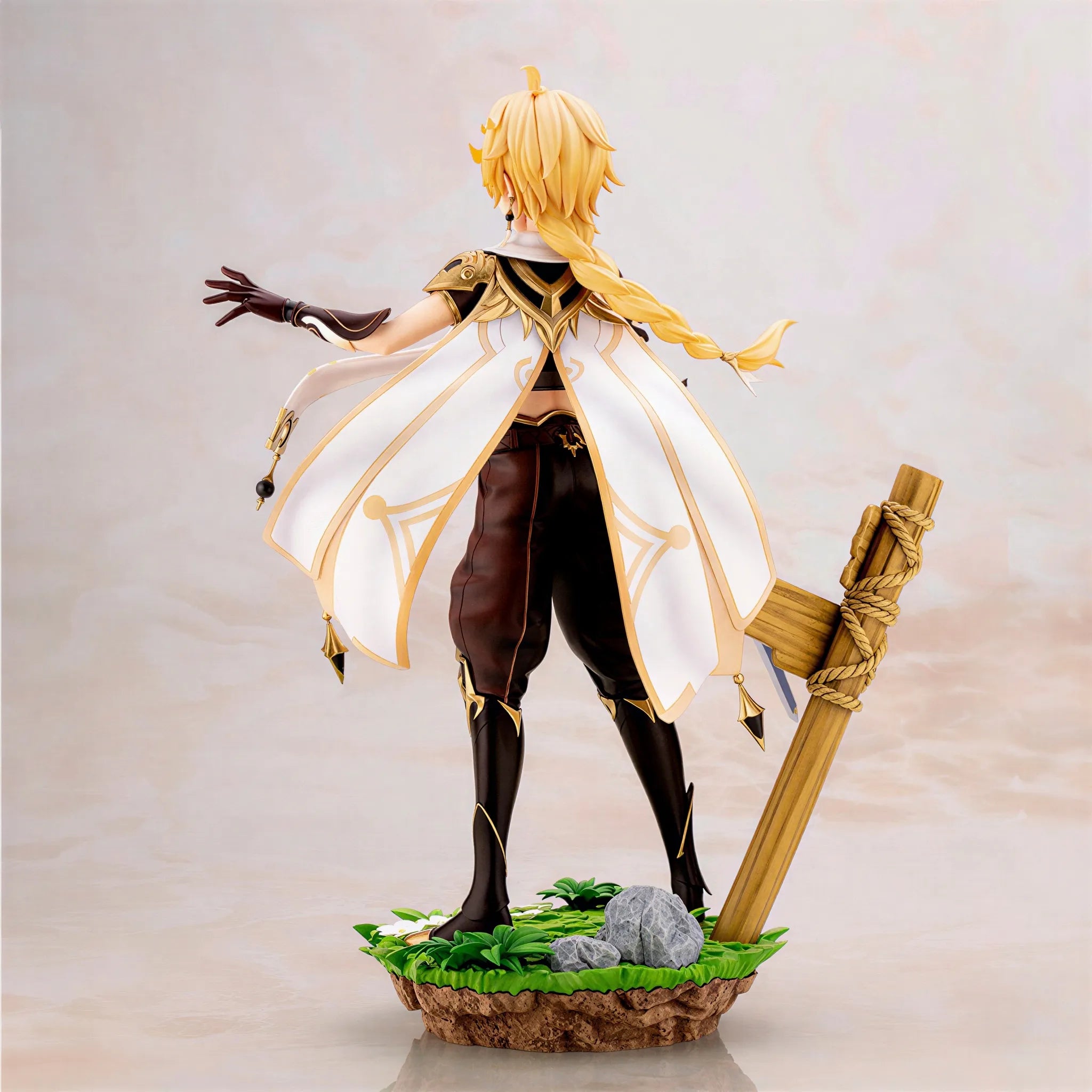Genshin Impact Traveler Aether figure sword detail close up with blue blade design