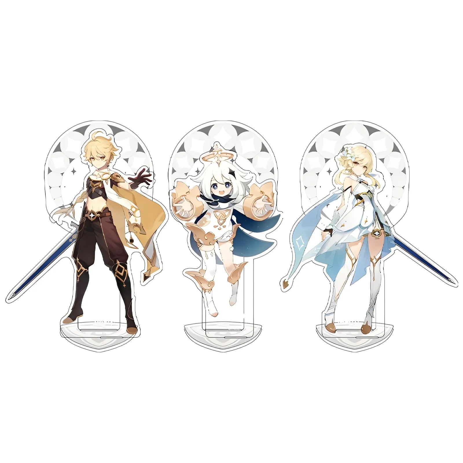 Genshin Impact Traveler Series acrylic stand collection featuring Paimon, Traveler Lumine and Traveler Aether anime character desk display