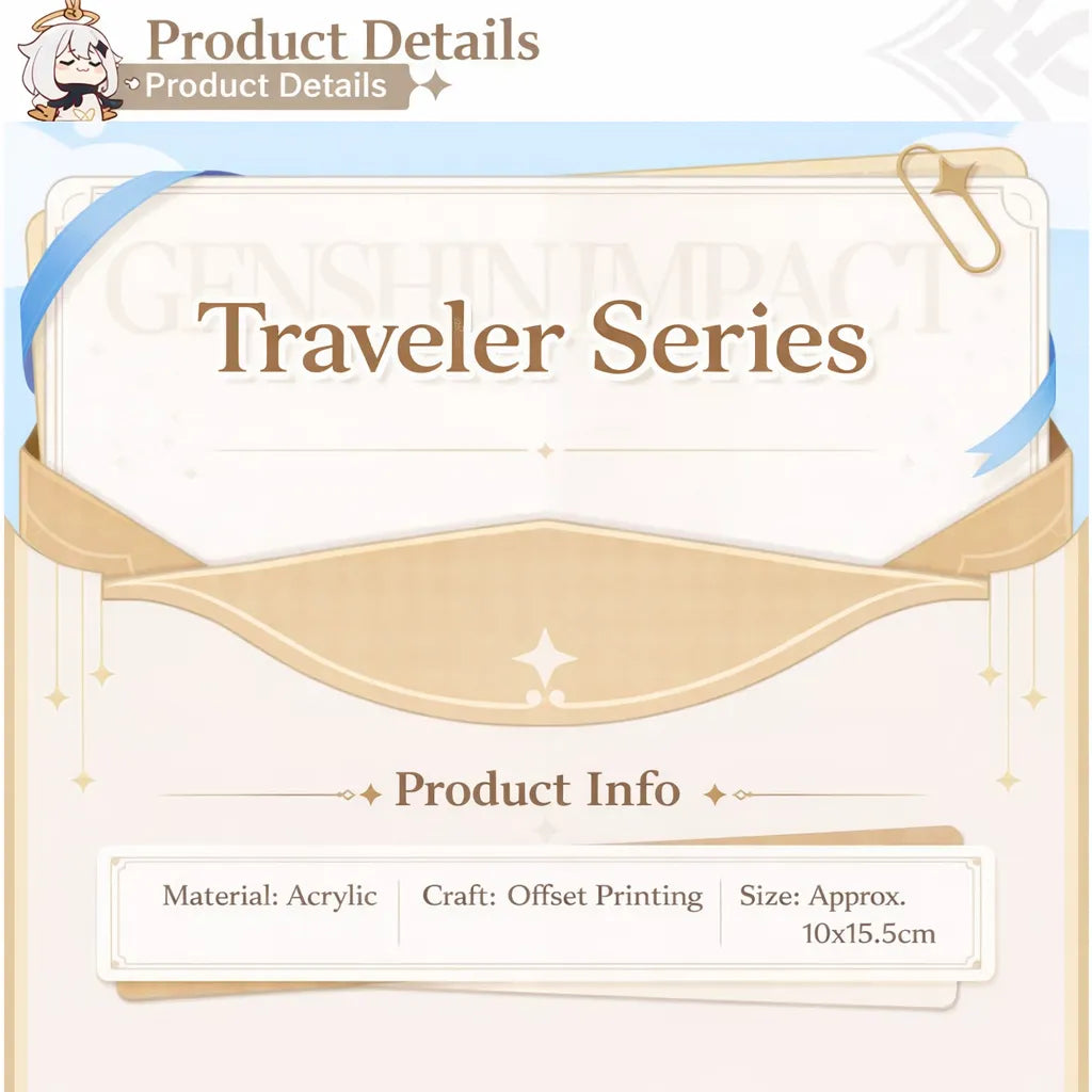 Genshin Impact Traveler Series acrylic stand product details showing material acrylic offset printing and size about 10 by 15.5 cm