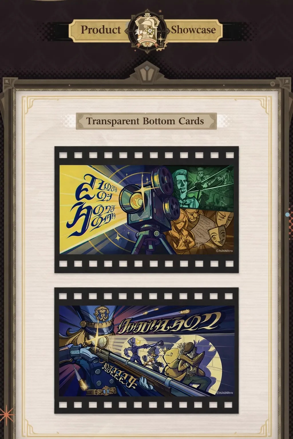 Genshin Impact Navia transparent bottom cards design featuring film strip style illustration and color variations