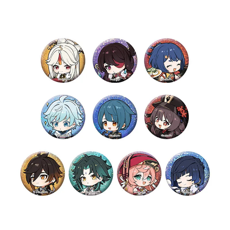 Genshin Vibrant Harriers Aloft in Spring Breeze mini badge set A featuring Ganyu Xiao Zhongli Hu Tao and chibi character designs