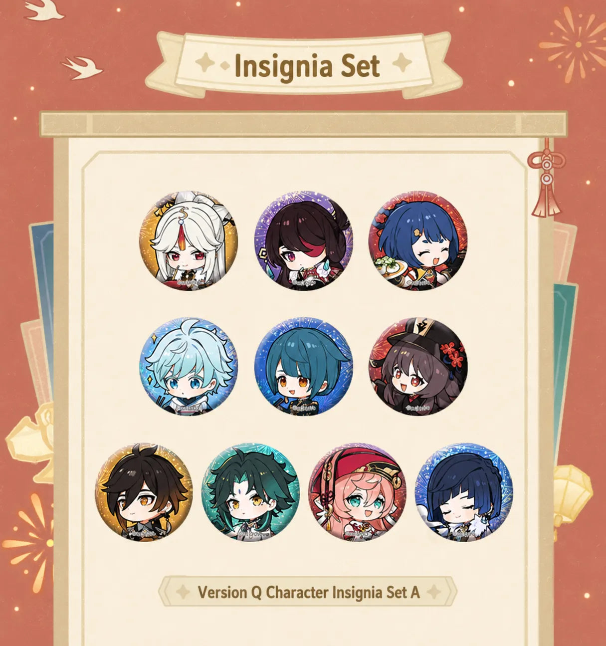 Genshin Impact Vibrant Harriers Aloft in Spring Breeze mini badge set B featuring festive character badge artwork
