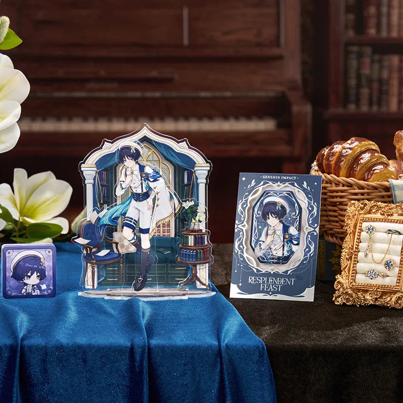Genshin Impact Wanderer Resplendent Feast merchandise collection display with acrylic stand badge and accessories