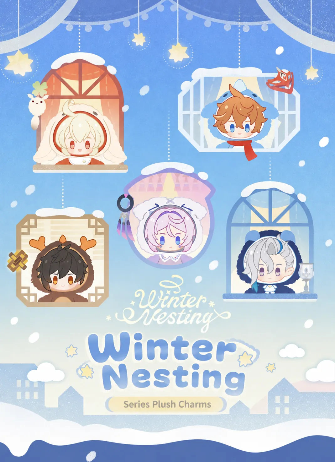 Genshin Impact Winter Nesting Series plush charms featuring five character designs