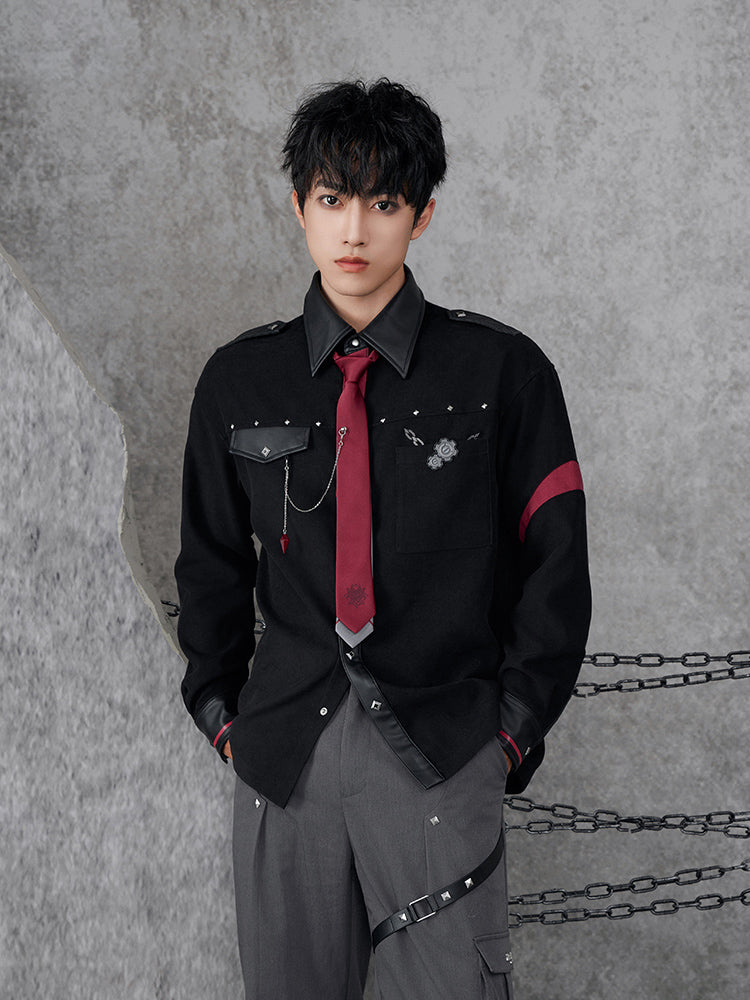 Genshin Impact Wriothesley casual shirt featuring layered tie details and industrial themed styling on male model