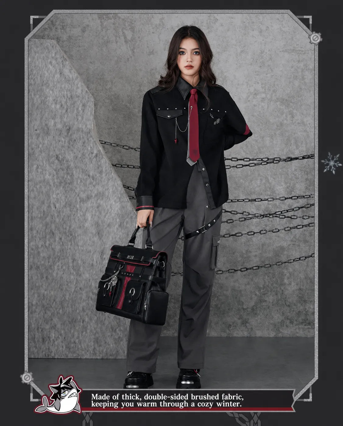 Genshin Impact Wriothesley themed casual shirt outfit showcase with layered winter styling