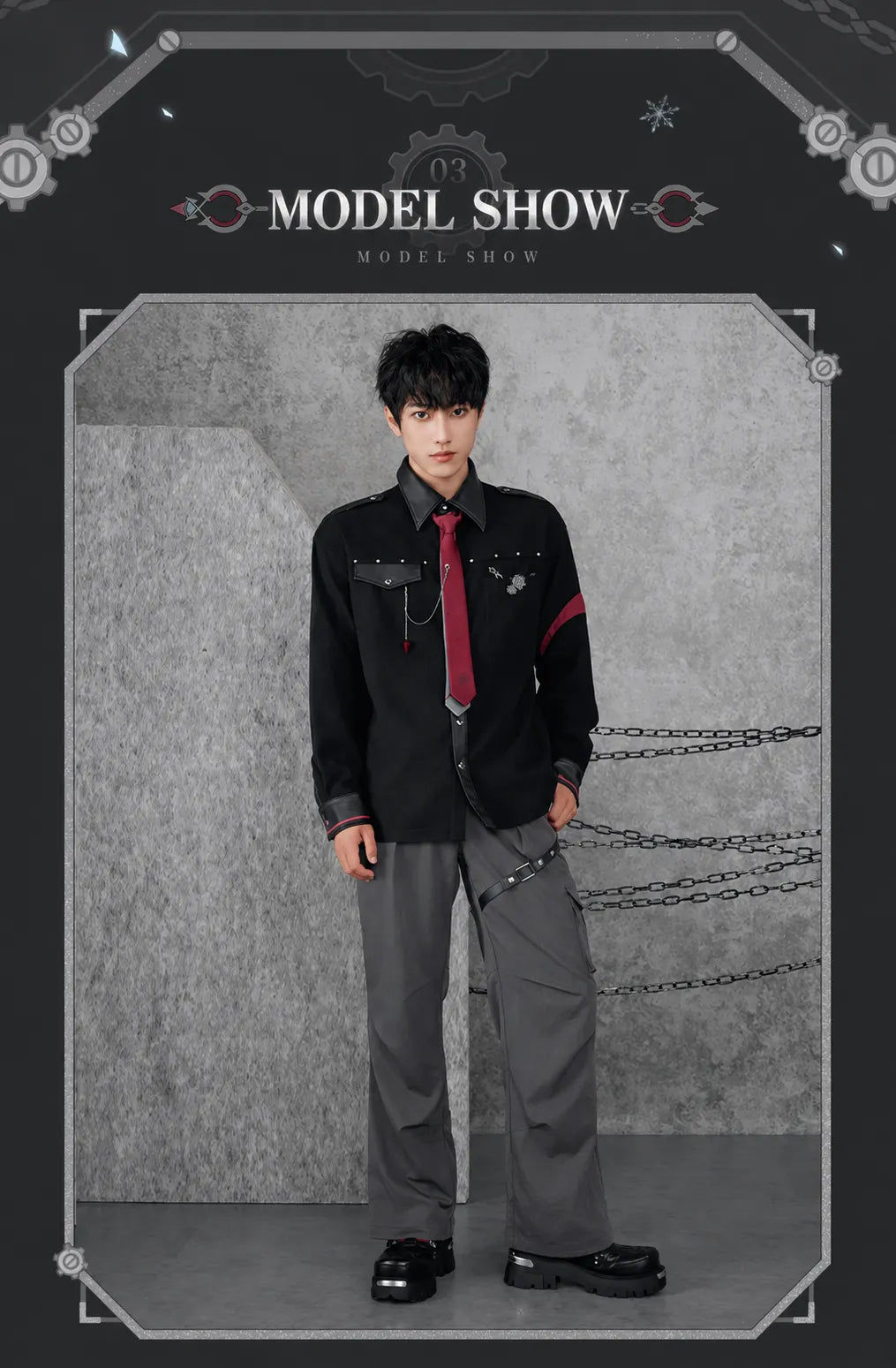 Genshin Impact Wriothesley casual shirt full body model showcase with industrial themed styling