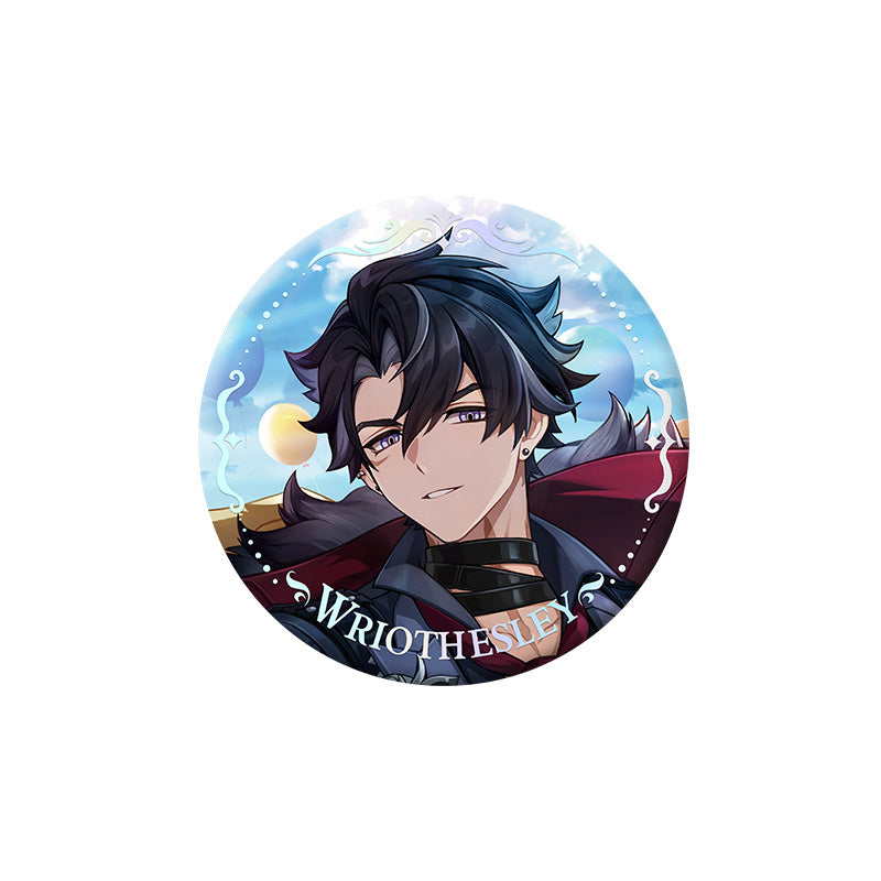 Genshin Impact Wriothesley character badge with holographic finish and themed artwork