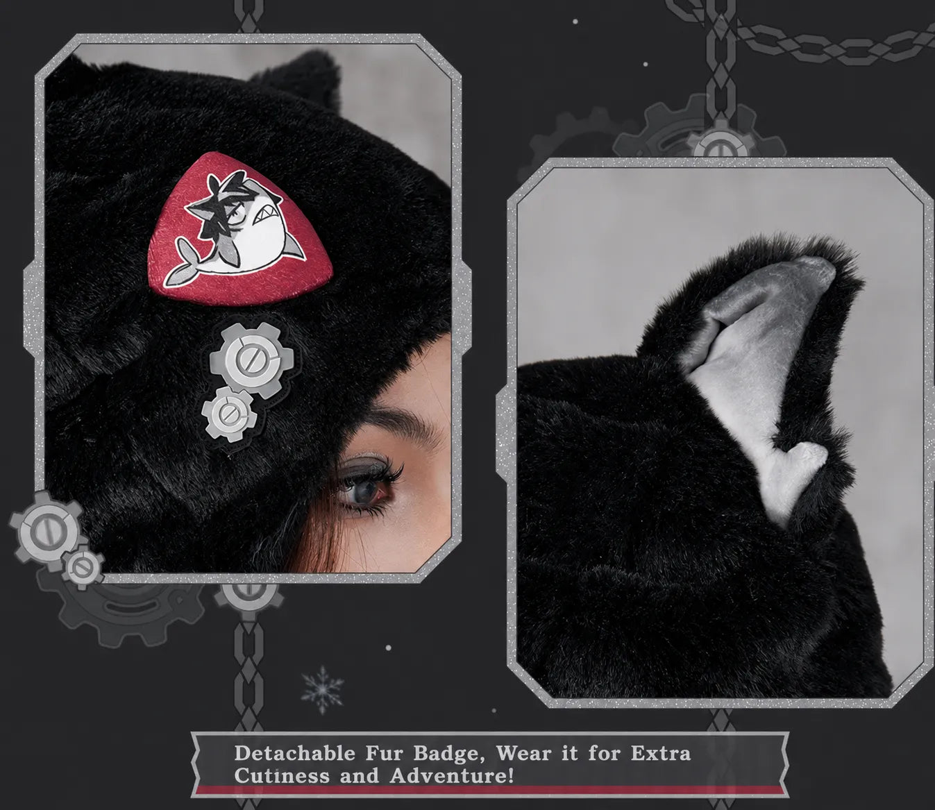 Detachable themed badge decoration on Wriothesley plush fur hat
