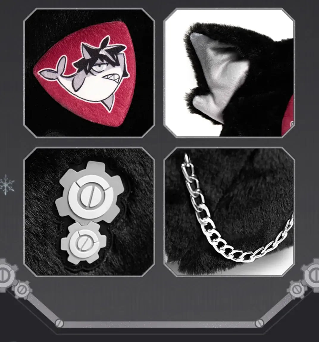 Front view of Wriothesley themed plush fur hat with decorative accessories