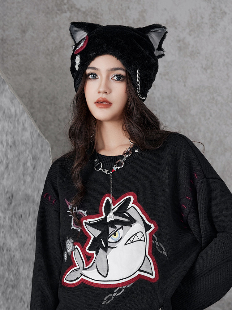 Genshin Impact Wriothesley themed fur hat styled with oversized sweater and dark street fashion outfit