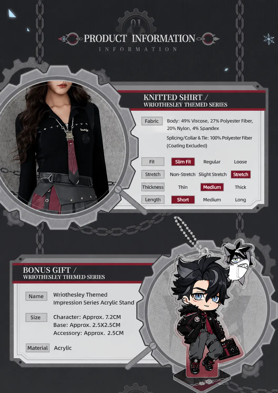 Genshin Impact Wriothesley knitted shirt product information with fabric composition and themed acrylic bonus gift