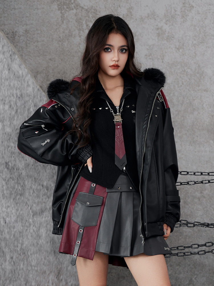 Genshin Wriothesley pleated skirt outfit featuring black and burgundy layered design with gothic streetwear styling