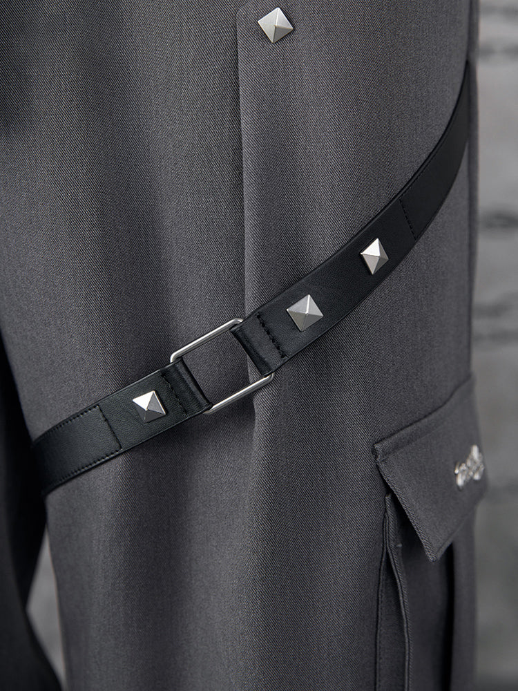 Close-up details of Genshin Impact Wriothesley themed casual pants featuring zipper accents and layered panels
