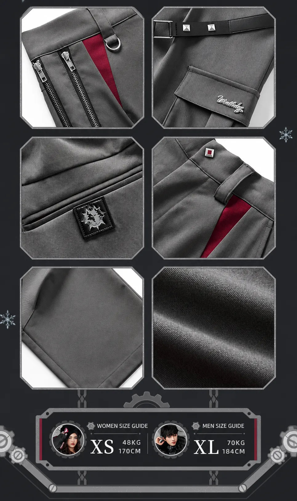 Fabric texture and zipper detail of Genshin Impact Wriothesley themed casual pants