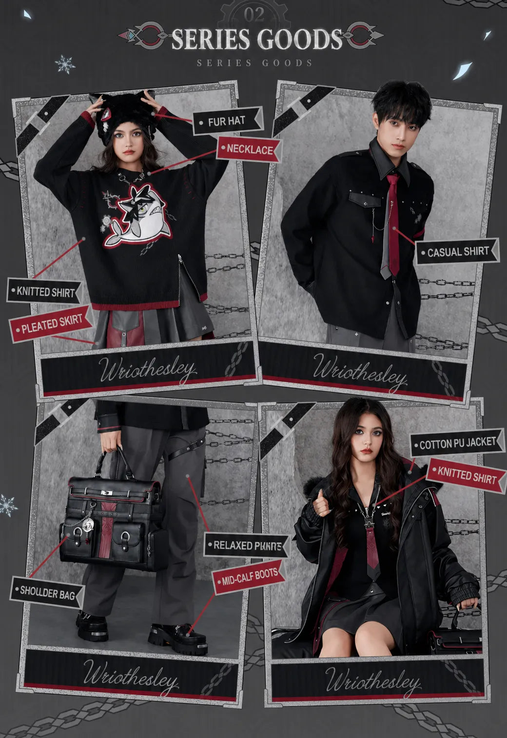 Genshin Impact Wriothesley themed apparel and accessory series display with coordinated fashion styling