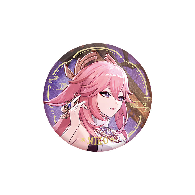 Genshin Impact Yae Miko character badge with holographic finish and themed artwork