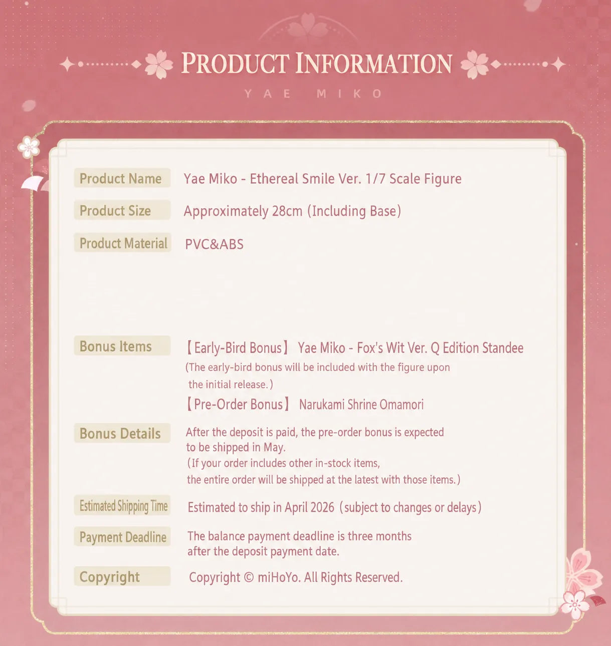 Bonus items included with Yae Miko Ethereal Smile Ver. 1/7 Scale Figure preorder