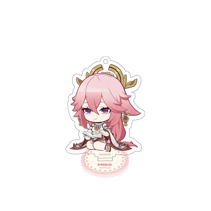 Genshin Yae Miko Stellar Recollection series acrylic standee featuring pink-themed chibi artwork and acrylic base