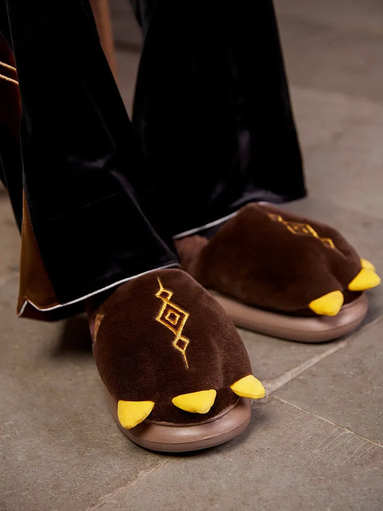 Front view of Genshin Impact Zhongli dragon claw home slippers with plush fabric details