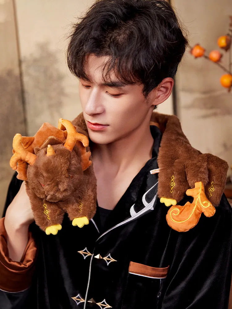 Front view of Genshin Impact Zhongli dragon plush scarf with embroidered details