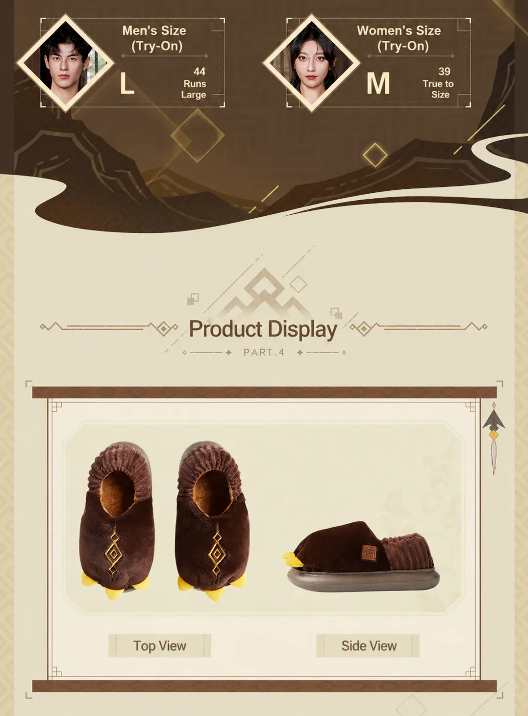 Lifestyle presentation of Genshin Impact Zhongli themed plush slippers and cozy home accessories