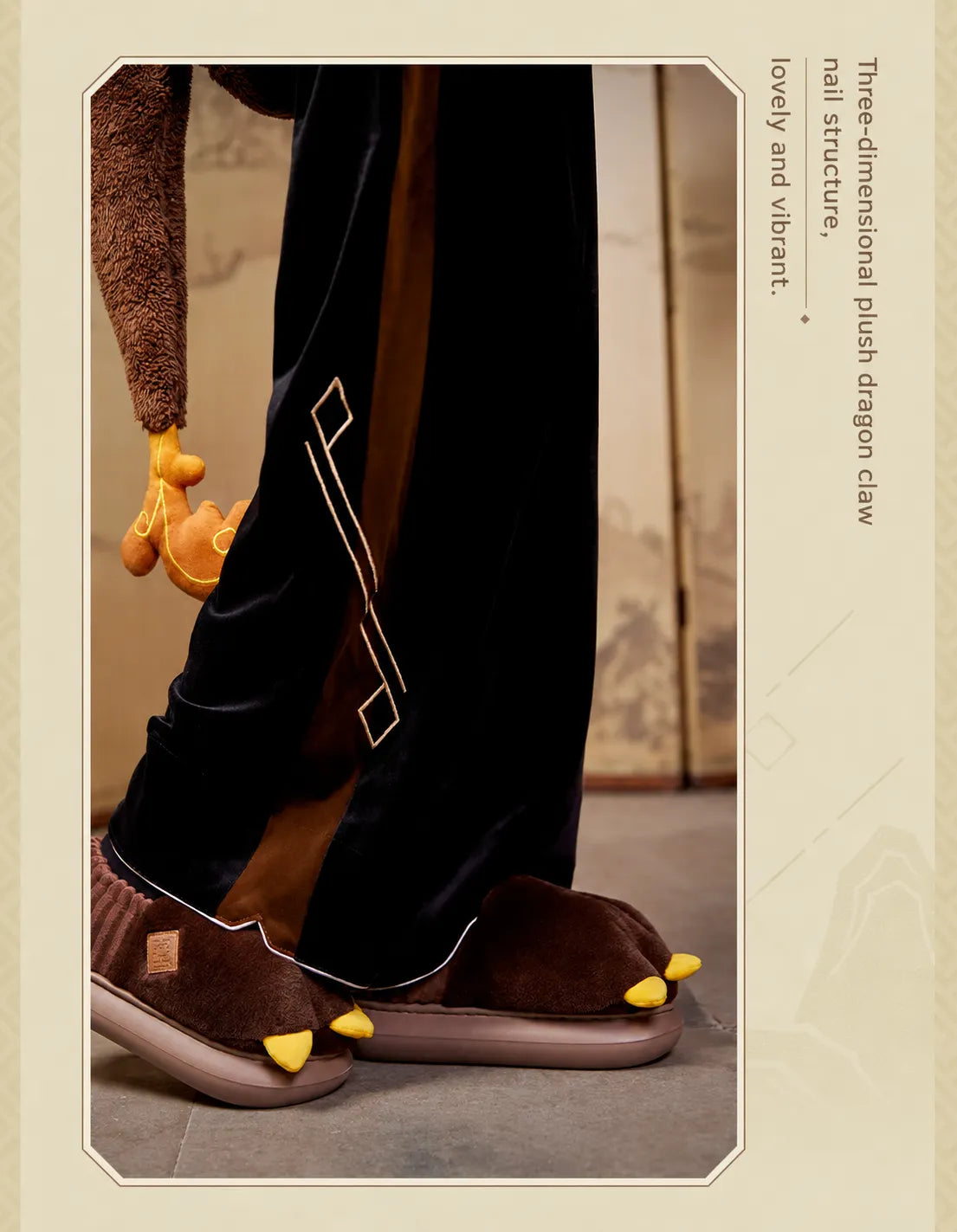 Indoor lifestyle scene featuring Genshin Impact Zhongli themed plush home slippers