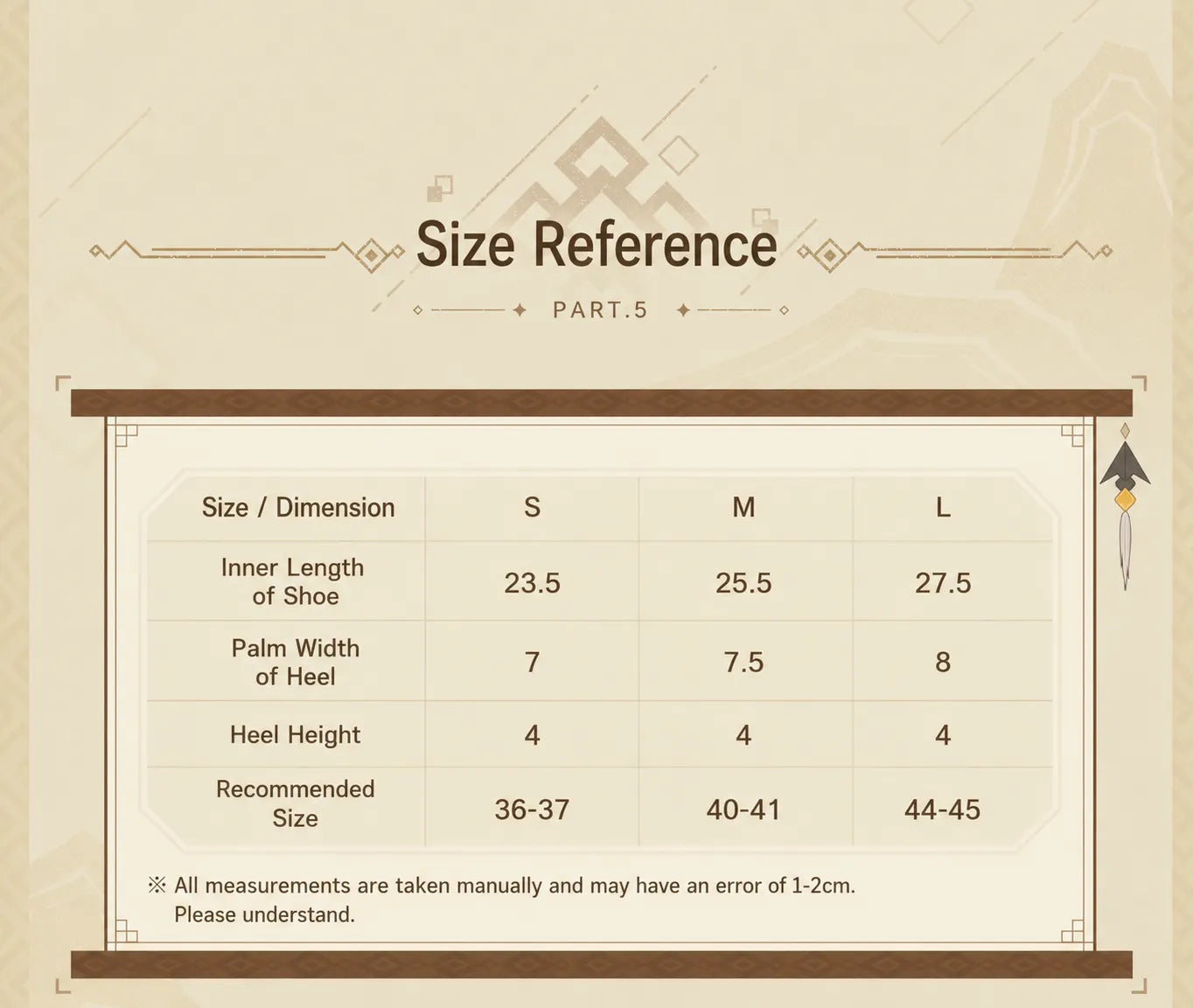 Size reference chart for Genshin Impact Zhongli themed home slippers