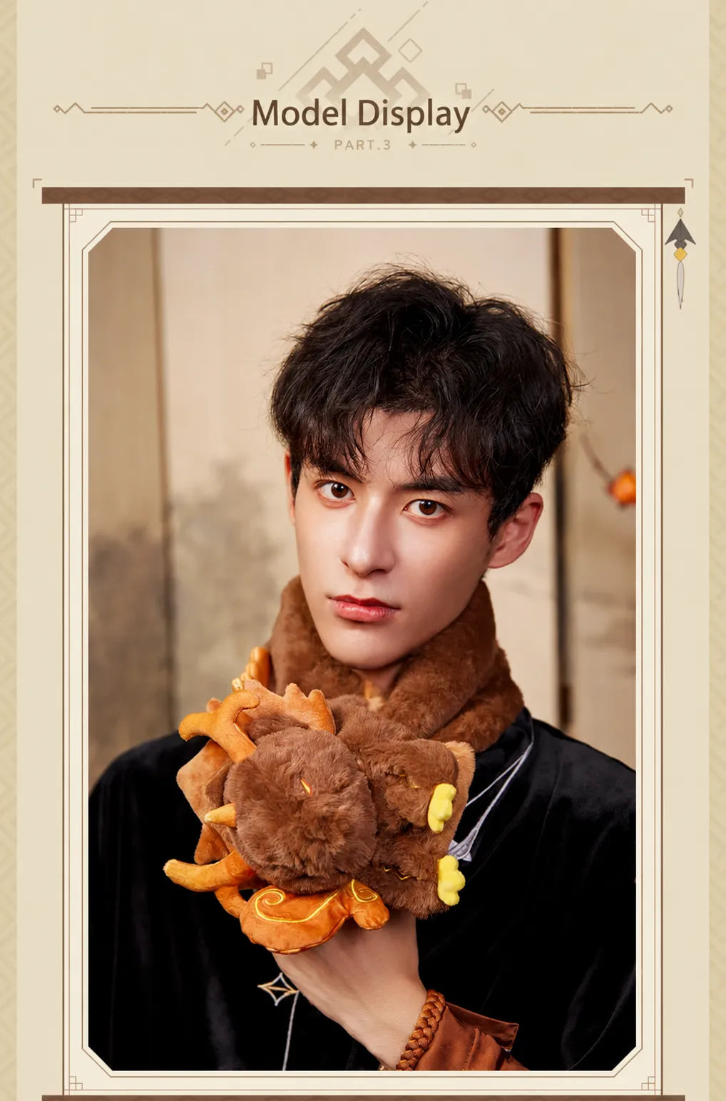 Lifestyle showcase of Genshin Impact Zhongli themed plush toy scarf in cozy indoor setting