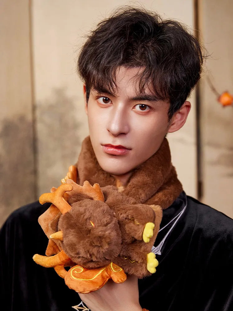 Model showcase of Genshin Impact Zhongli plush toy scarf with cozy winter styling