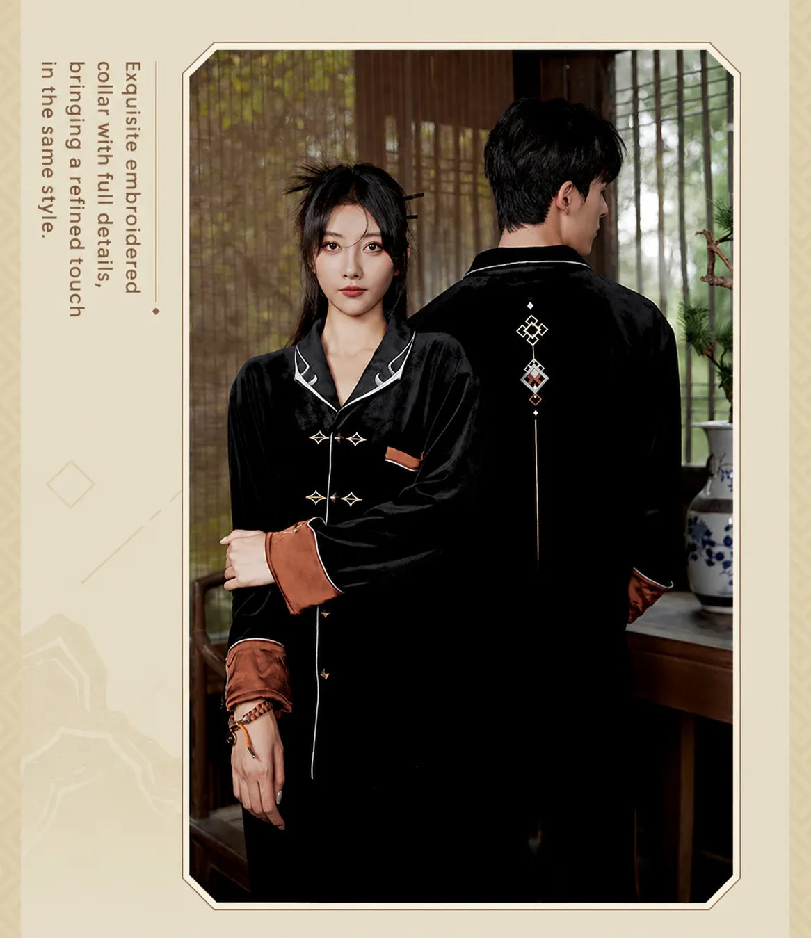 Foldable cuff detail of Genshin Impact Zhongli themed velvet pajama set with embroidered accents