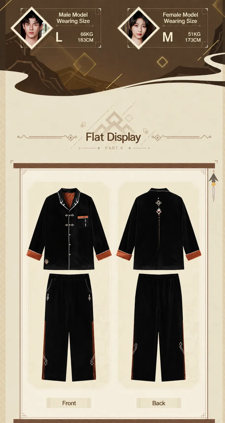 Front and back flat display of Genshin Impact Zhongli themed velvet pajama set